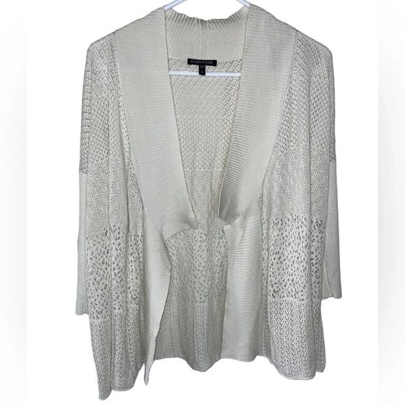 EILEEN FISHER Silk Waterfall Cardigan Sweater Neutral Ivory Boho Size Medium - Picture 5 of 5